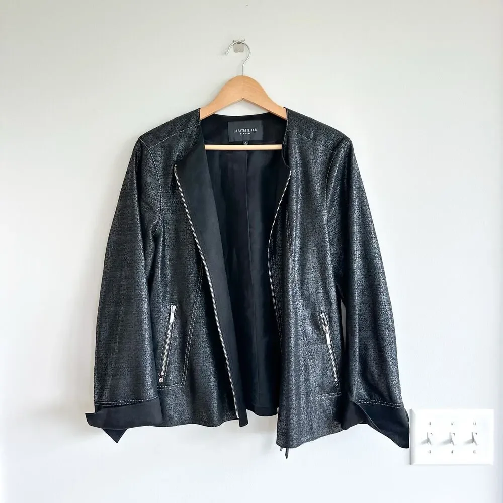 Lafayette 148 Anasophia Leather Metallic Jacket in Black Metal L
